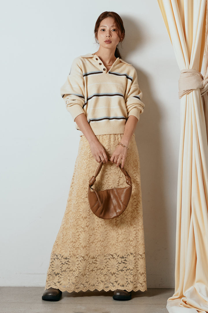 [SET]襟付きマルチボーダーニットポロトップス+花柄刺繍ベロアフレアスカート(2set)