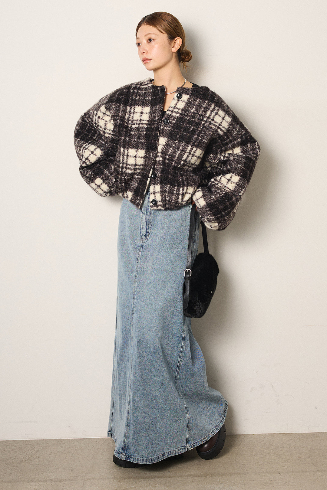 [SET]ノーカラーチェック柄ボアブルゾン+デニムロングフレアスカート(2set)