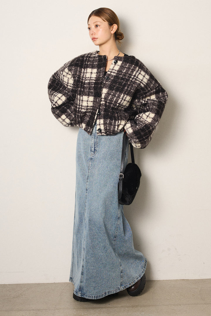 [SET]ノーカラーチェック柄ボアブルゾン+デニムロングフレアスカート(2set)