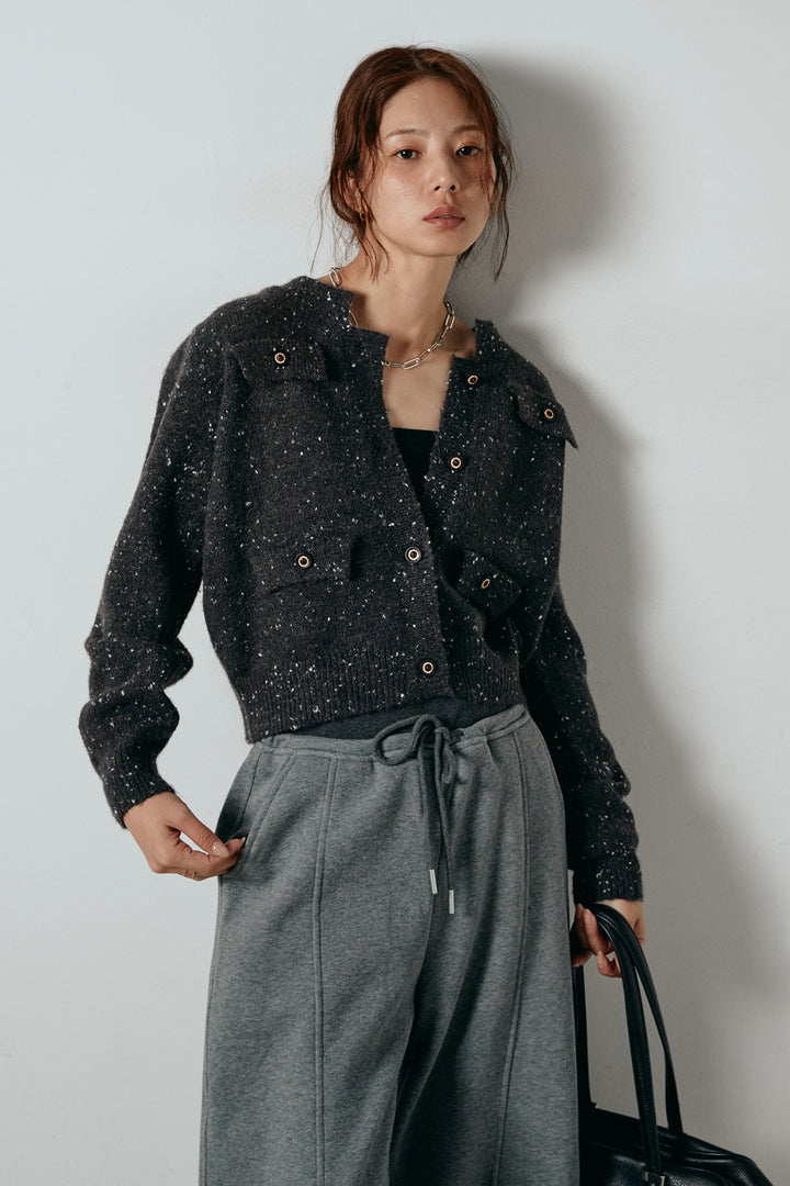 [SET]ネップニットカーディガン+スウェットワイドカーブパンツ(2set)