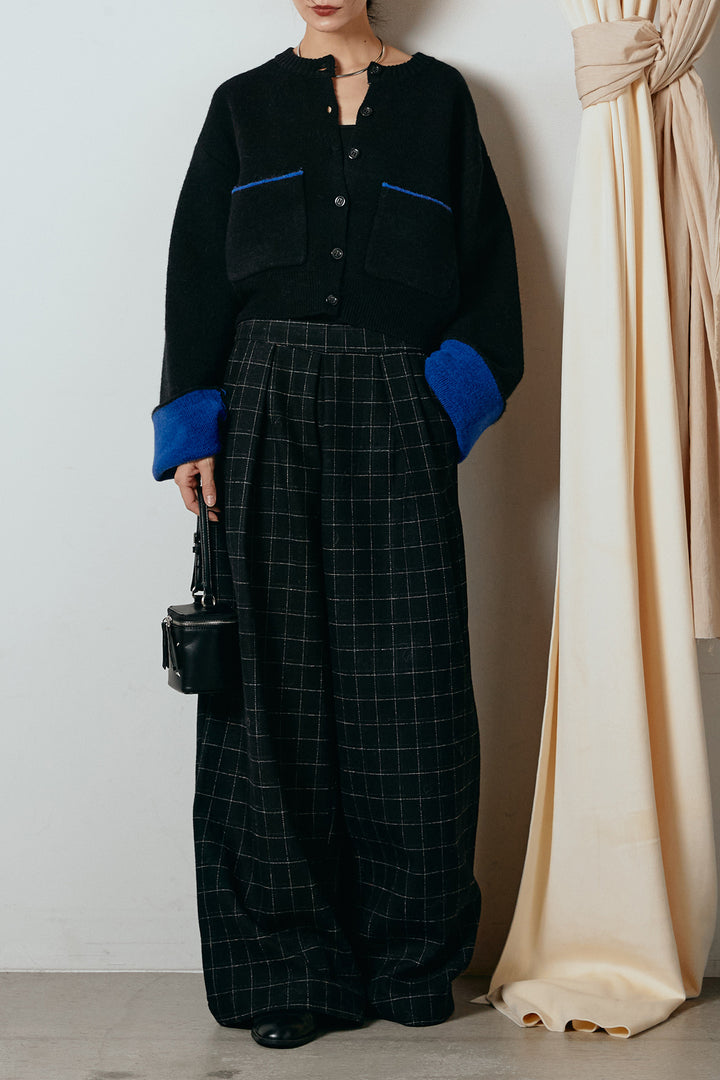 [SET]アルパカタッチダブルフェイスカーディガン+ウールライクチェックタックパンツ(2set)