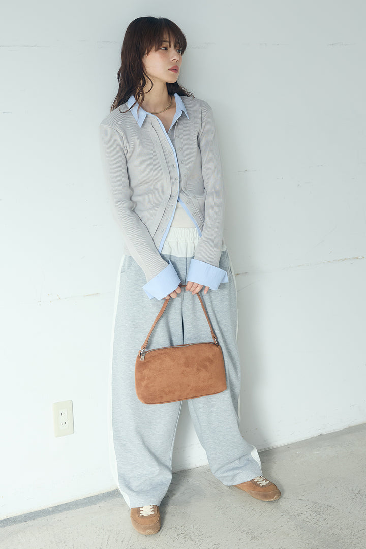 [SET]シャツドッキングボタンニットカーディガン+異素材切り替えスウェットパンツ(2set)