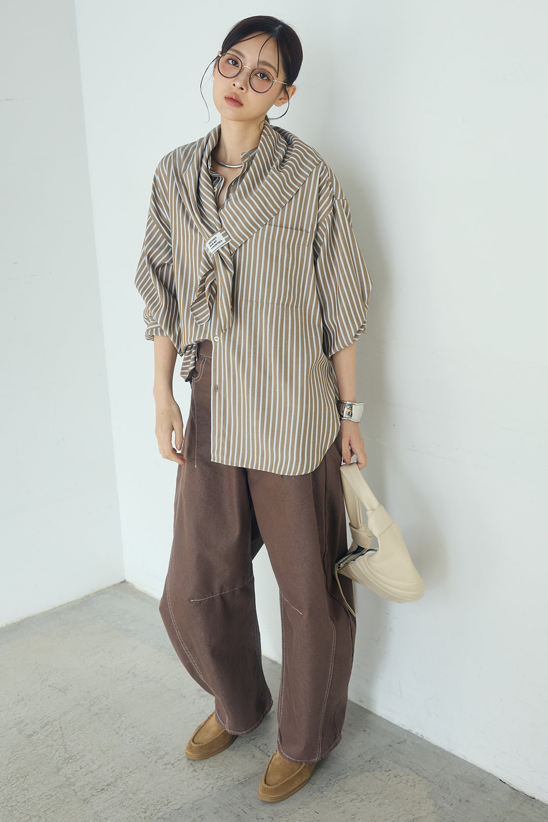 [SET]レーヨンストライプスカーフ+レーヨンストライプバンドカラー長袖シャツ(2set)