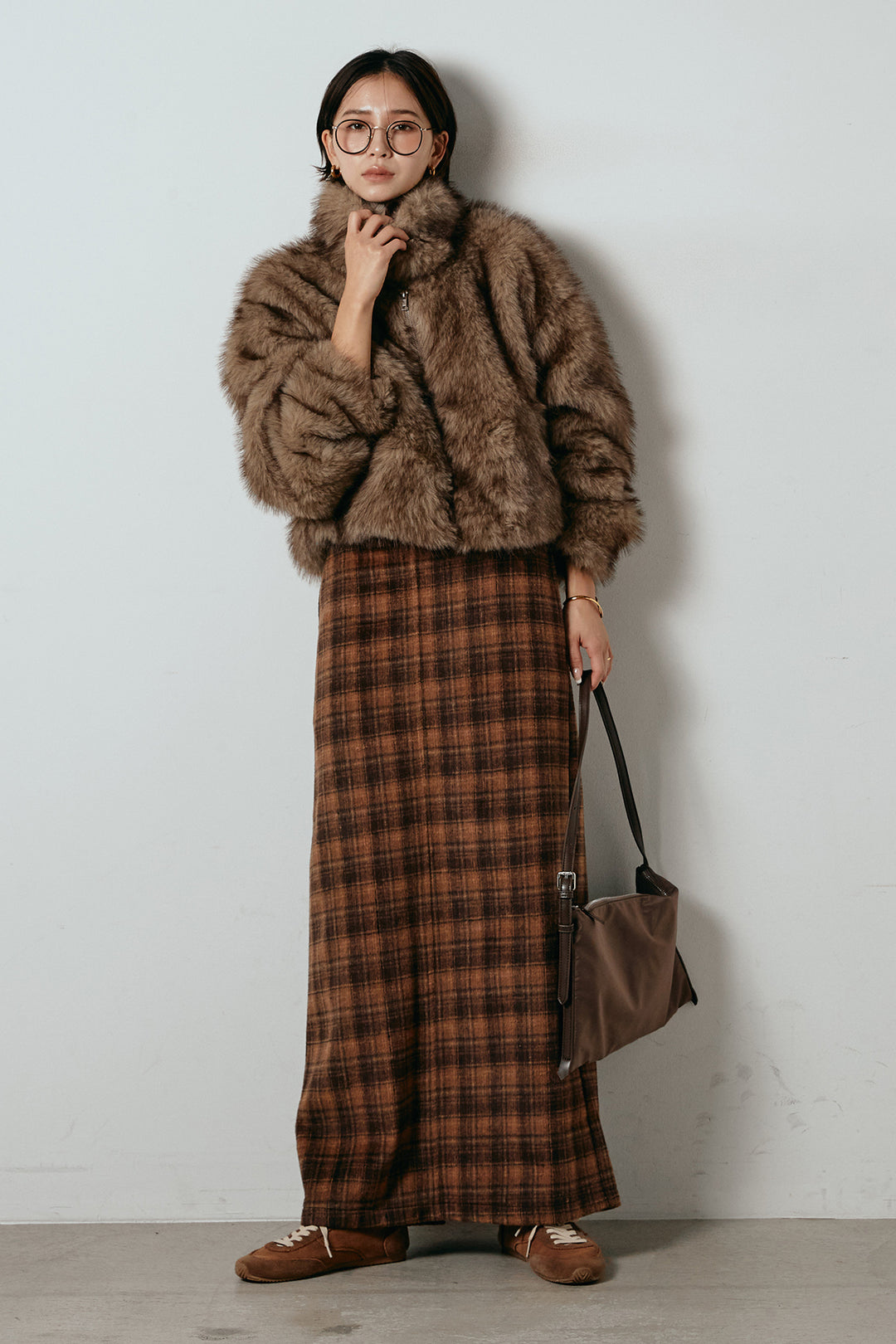 [SET]エコファーショート丈ブルゾン+シャギーチェックストレートスカート(2set)