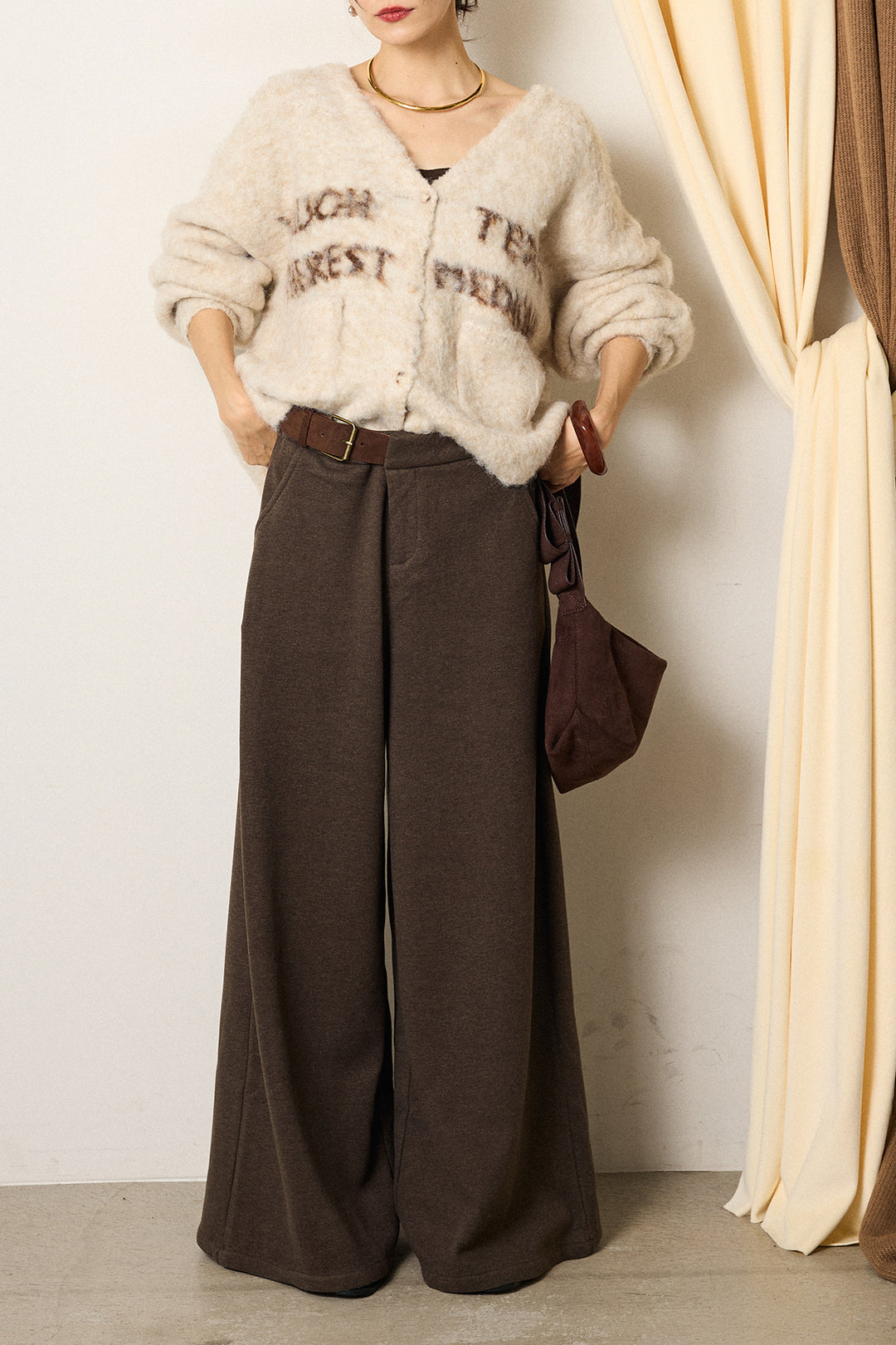 [SET]ウール混透かしロゴニットカーディガン+サイドベルトパンツ(2set)