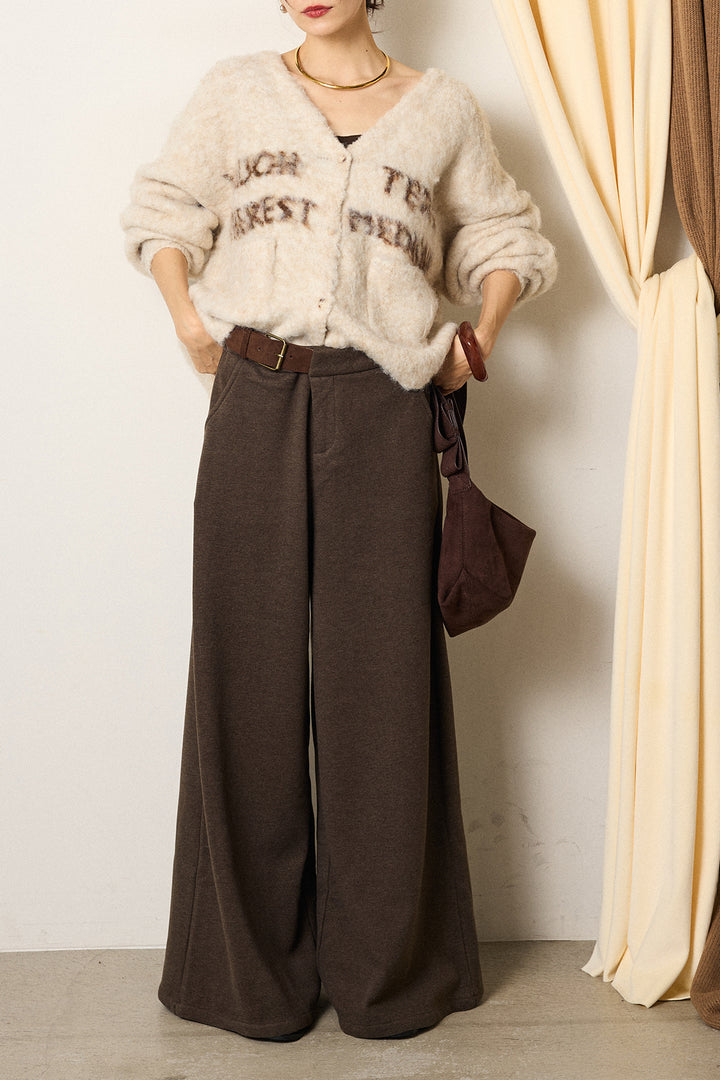 [SET]ウール混透かしロゴニットカーディガン+サイドベルトパンツ(2set)