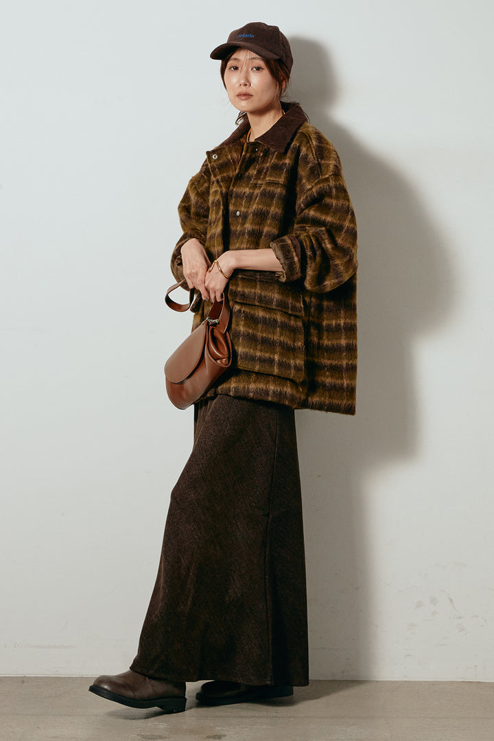 [SET]チェックシャギーミドルカバーオール+スウェードライクロングスカート(2set)