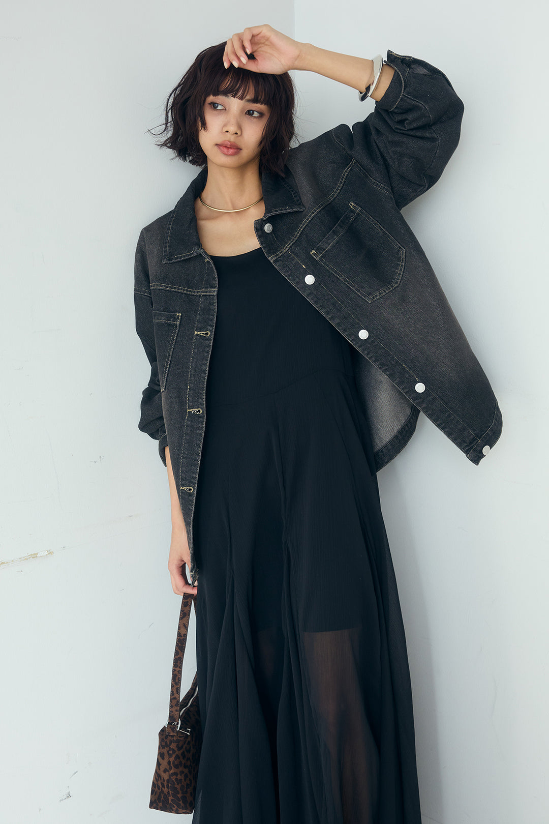 [SET]デニムオーバーサイズジャケット+シアーフリルキャミワンピース(2set)