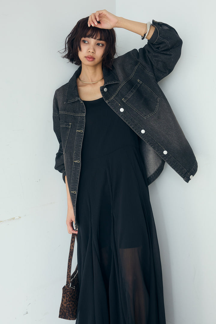 [SET]デニムオーバーサイズジャケット+シアーフリルキャミワンピース(2set)