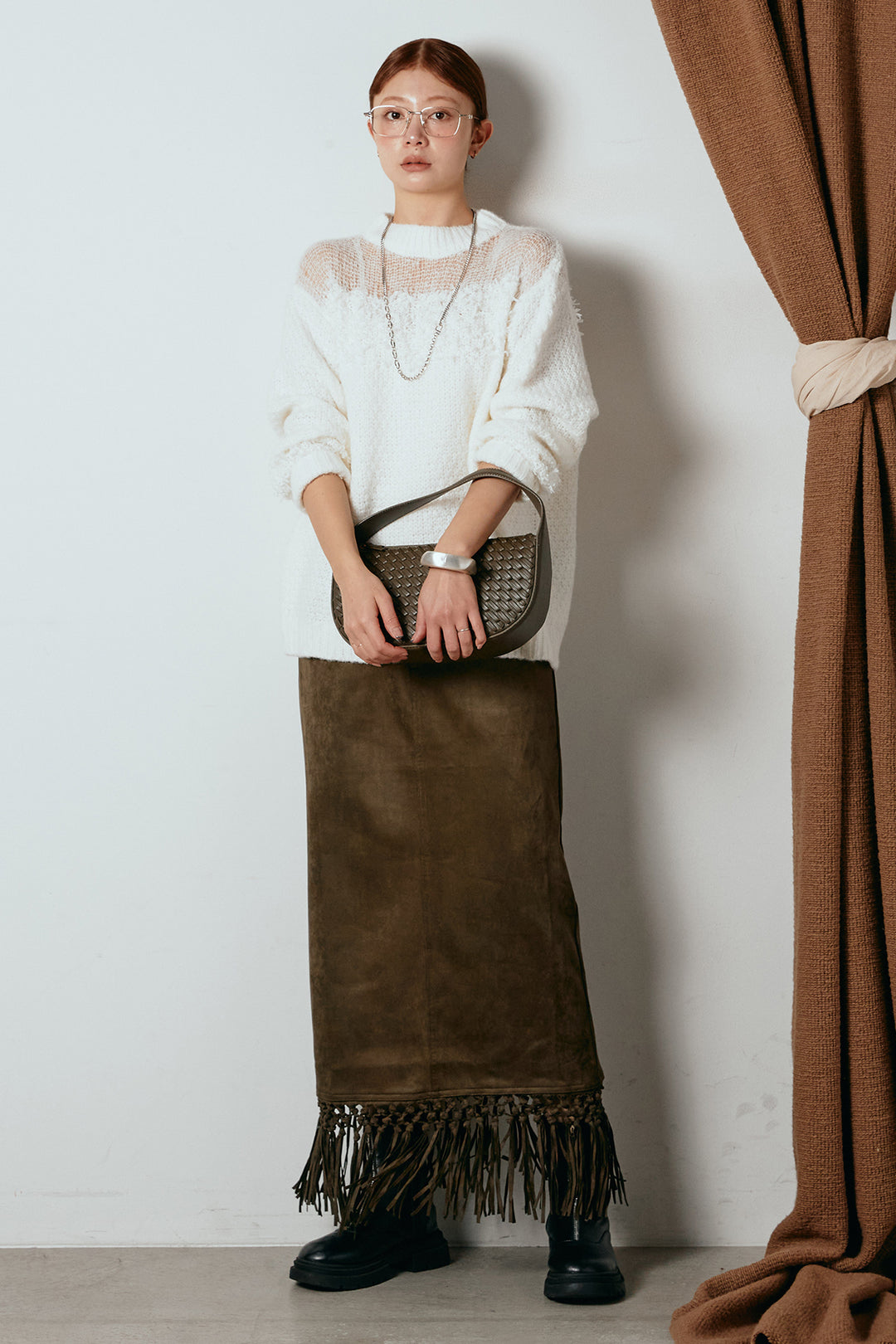 [SET]パターンランダム編みニットトップス+スウェードライク裾フリンジスカート(2set)