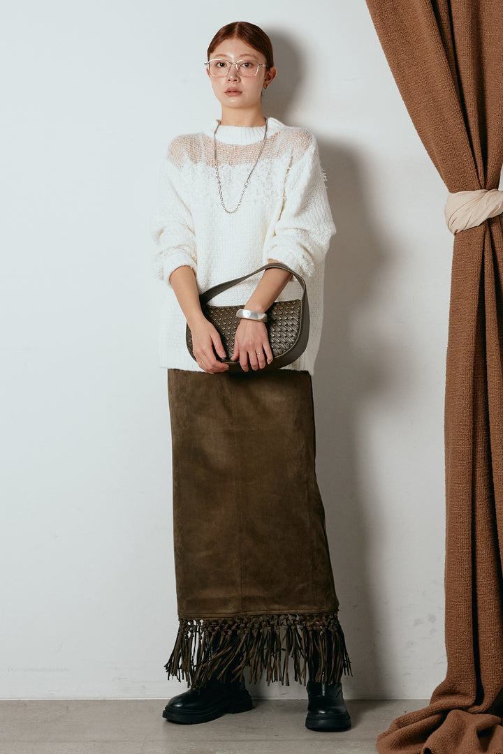[SET]パターンランダム編みニットトップス+スウェードライク裾フリンジスカート(2set)