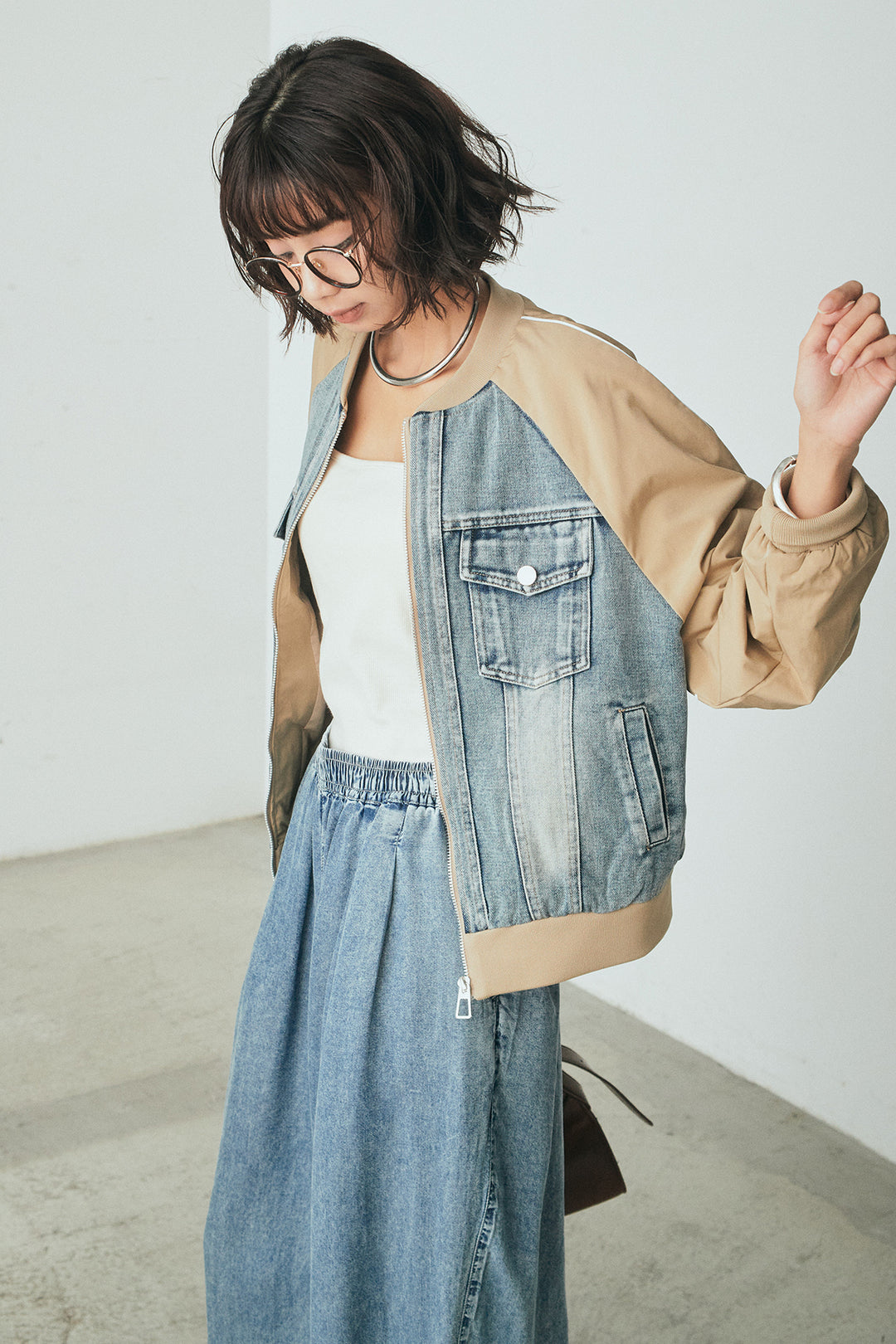 [SET]ナイロンデニムドッキングブルゾン+テンセルデニムイージーワイドパンツ(2set)