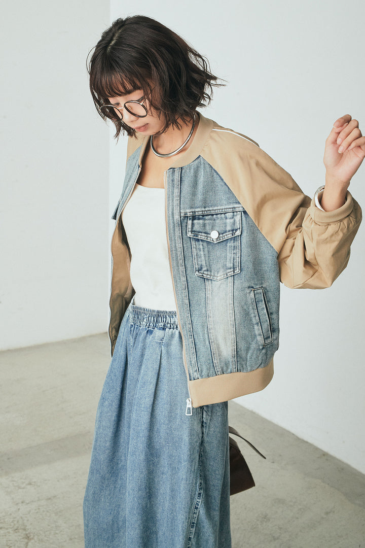 [SET]ナイロンデニムドッキングブルゾン+テンセルデニムイージーワイドパンツ(2set)