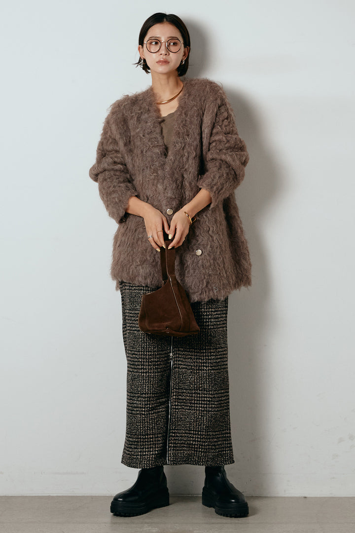 [SET]ウェーブシャギーニットジャケット+グレンチェック柄フロントジップタイトスカート(2set)