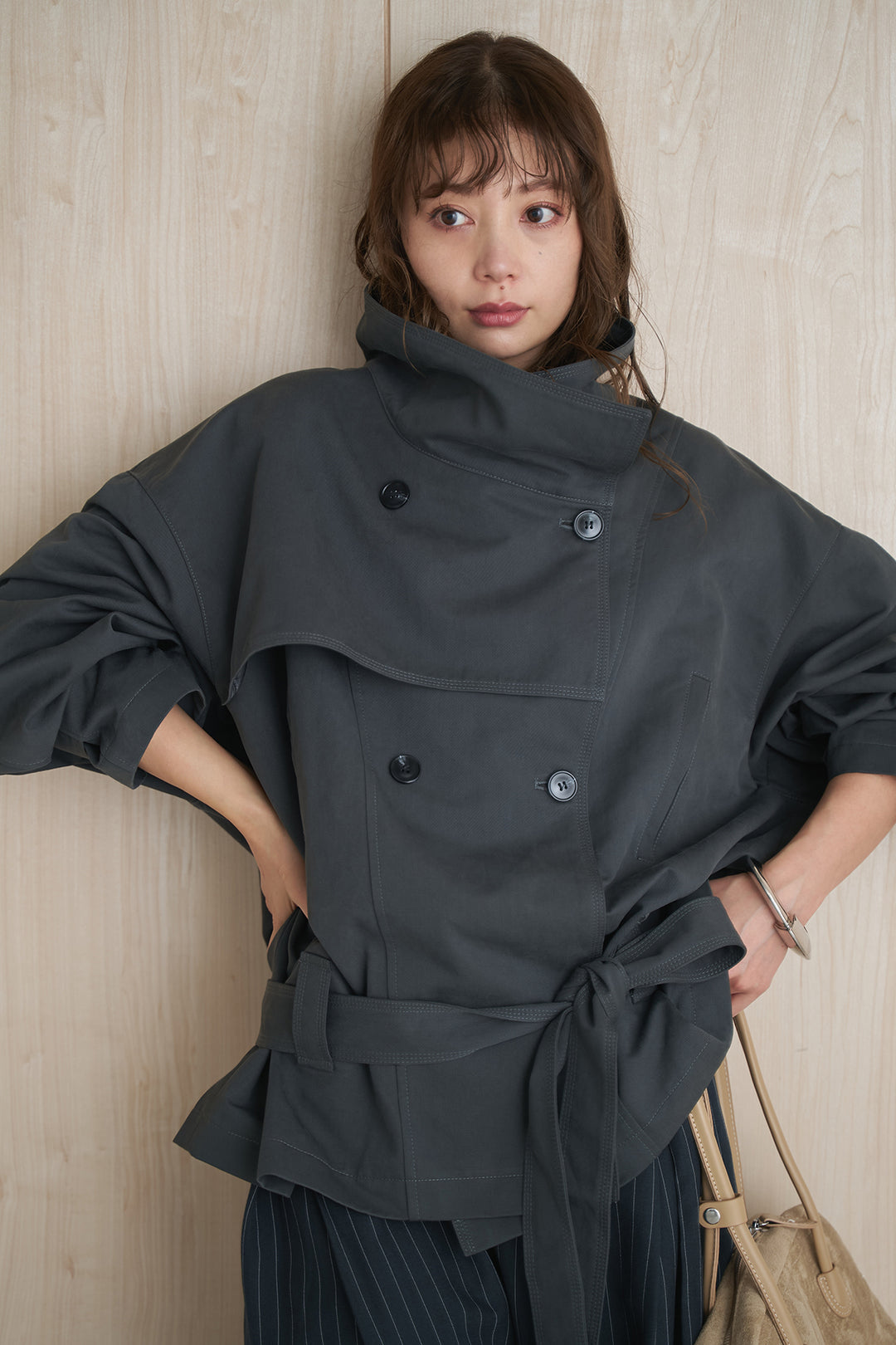 [SET]オーバーサイズダブルボタントレンチコート+ピンストライプサイドタックパンツ(2set)