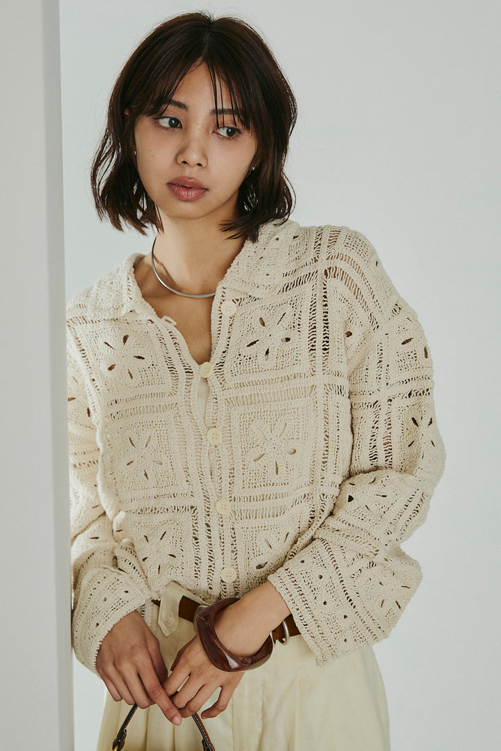 [SET]鍵編みフラワーレースカーディガン+タック入りワイドパンツ(2set)