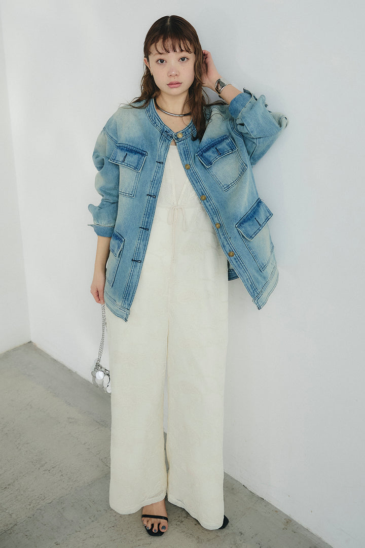 [SET]ノーカラーデニムポケットジャケット+レースサロペット(2set)