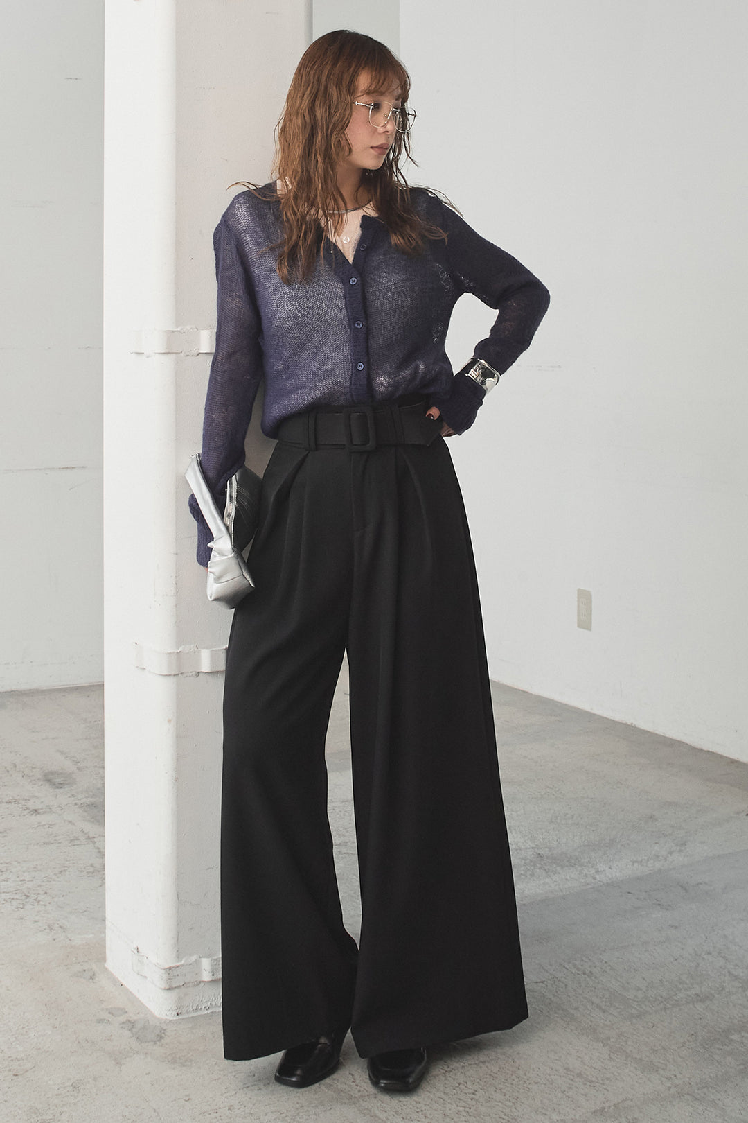 [SET]モヘア透かし編みレイヤードアンサンブルセット+ベルト付きツータックワイドパンツ(2set)