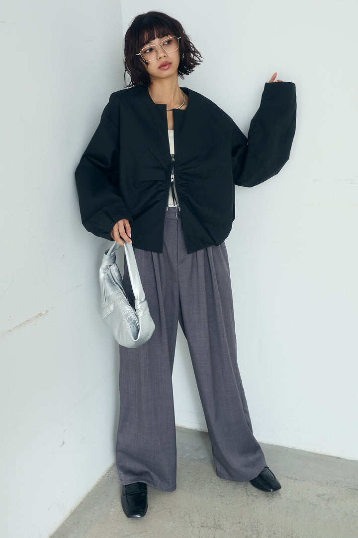 [SET]ノーカラーフロントギャザージップアウター+ツイルメニータックパンツ(2set)