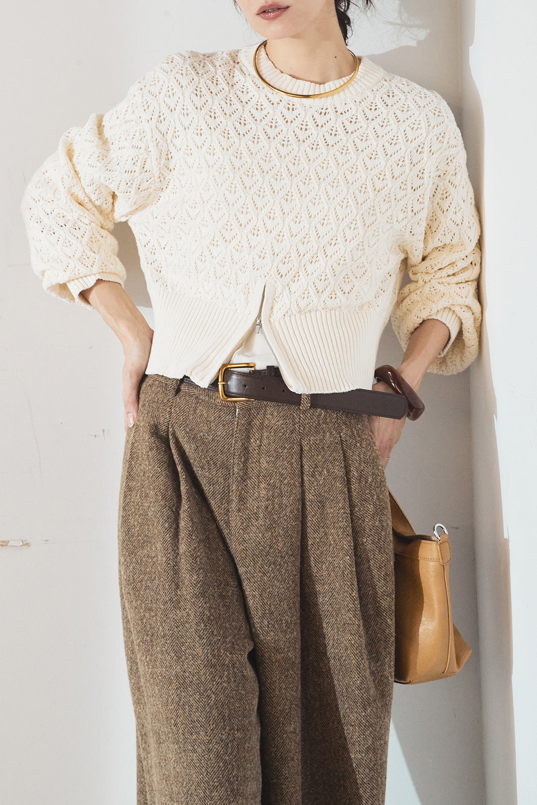 [SET]透かし編みニットジップスリットプルオーバー+タックツイードワイドパンツ(2set)