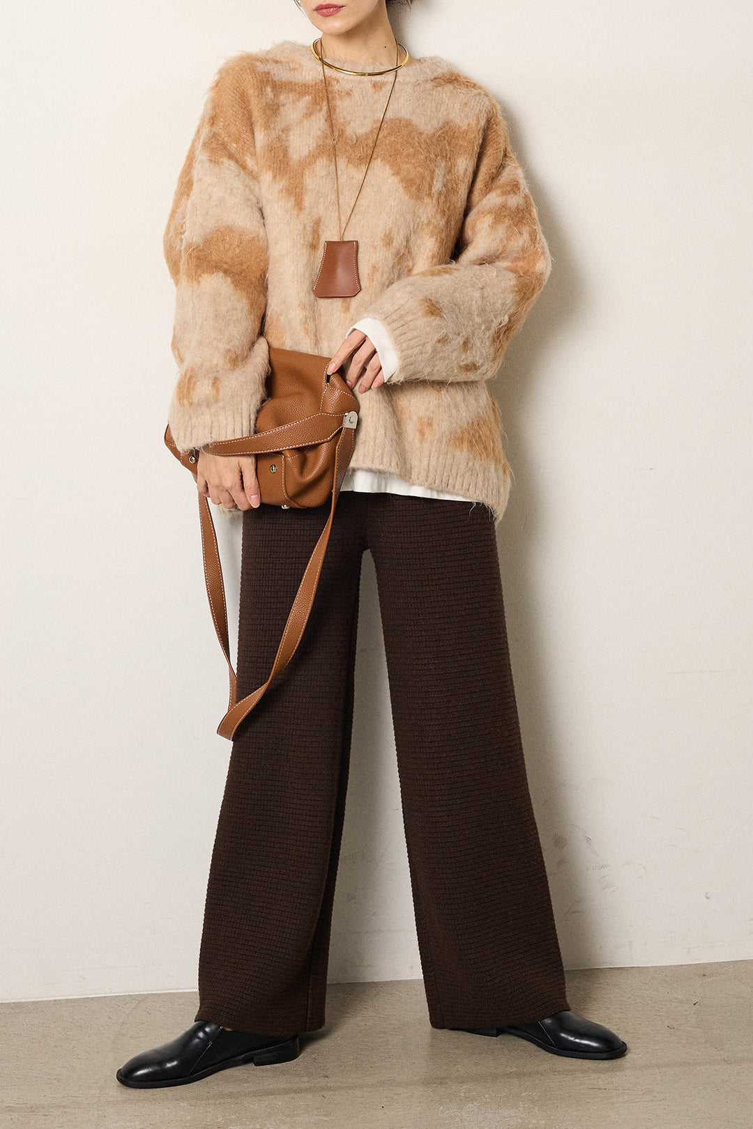 [SET]モヘアタッチマーブルニット+ワイドリブニットイージーパンツ(2set)