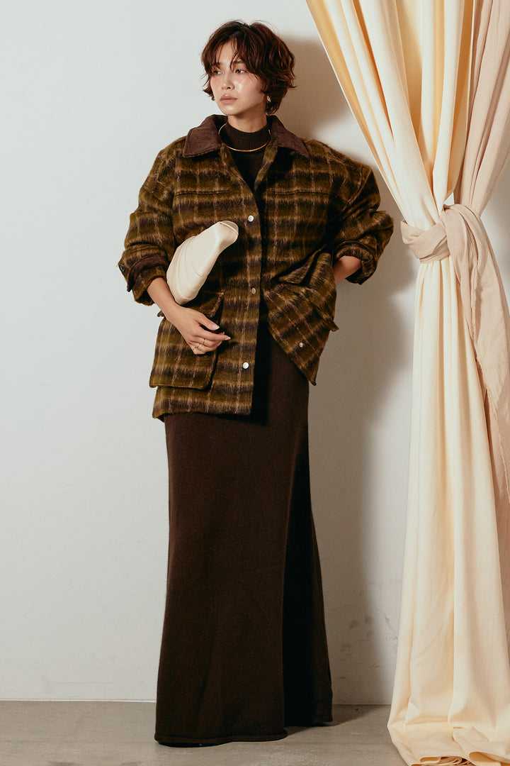 [SET]チェックシャギーミドルカバーオール+ノースリーブニットロングワンピース(2set)