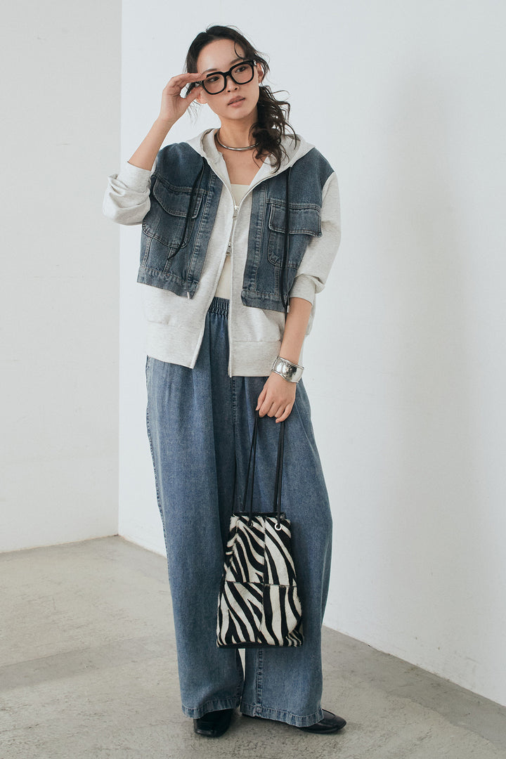 [SET]デニム切替ポンチダブルジップパーカー+テンセルデニムイージーワイドパンツ(2set)