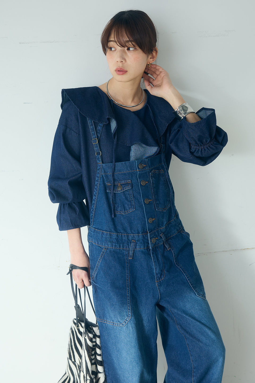 [SET]デニムフリルブラウス+デニムサロペットワイドパンツ(2set)