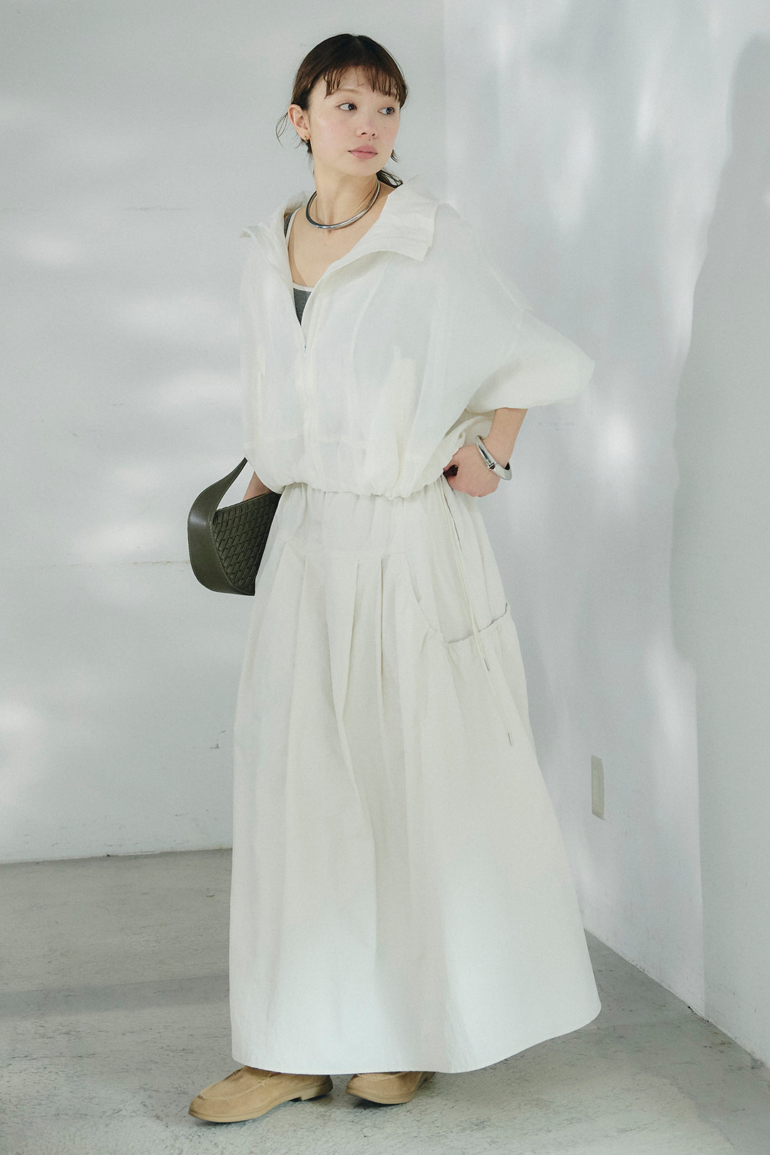 [SET]スタンドネックシアーブルゾン+ナイロンデザインフレアスカート(2set)