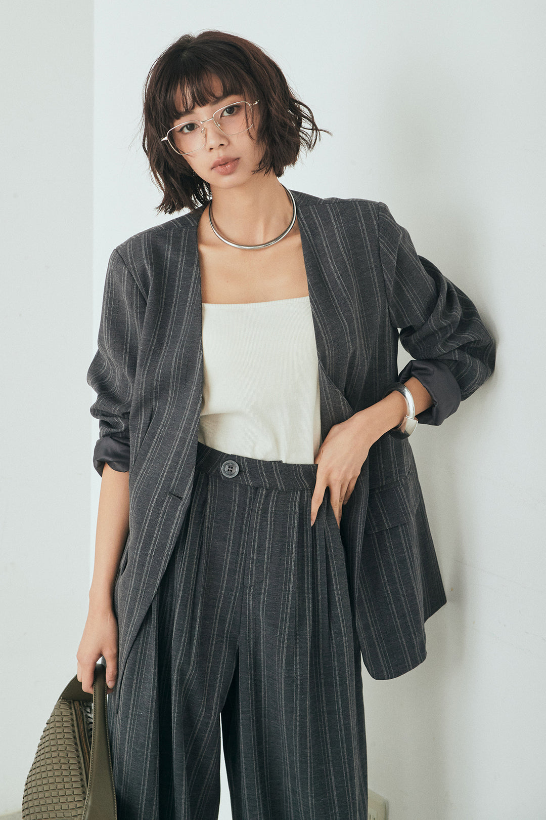 [SET]ノーカラーピンストライプジャケット+ピンストライプワイドスラックス(2set)