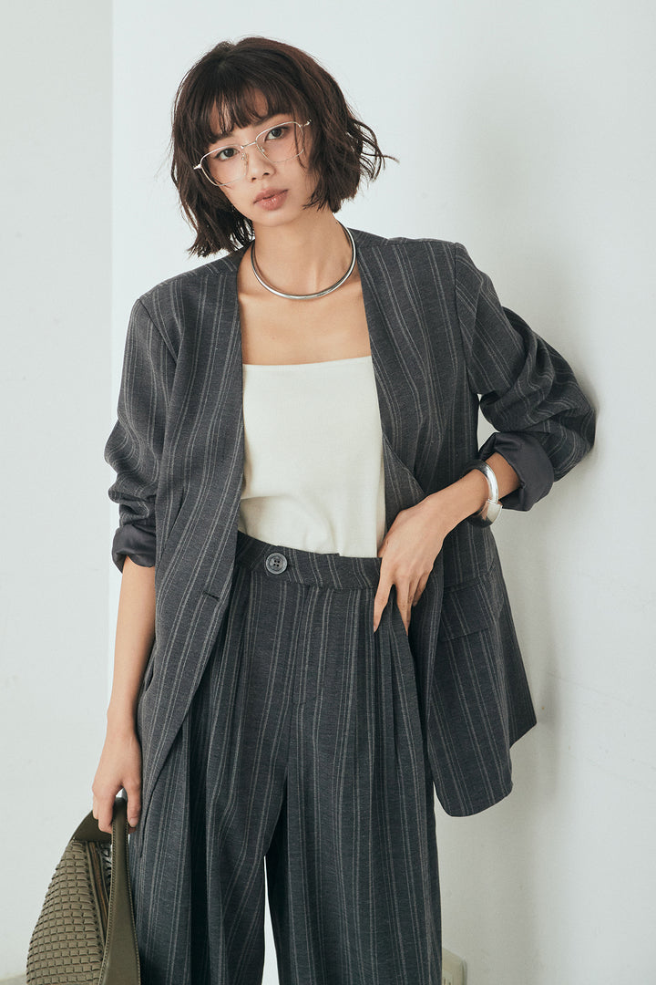 [SET]ノーカラーピンストライプジャケット+ピンストライプワイドスラックス(2set)