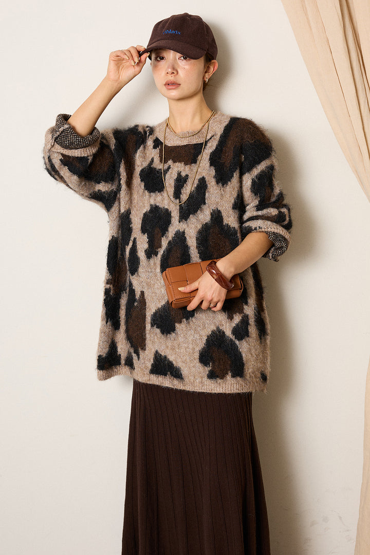 [SET]ルーズアニマルモヘアニットトップス+編み地切り替えフレアニットスカート(2set)