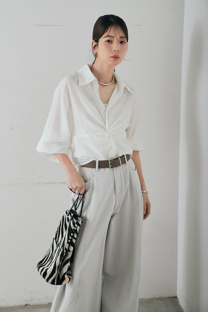 [SET]裾巻きツイストデザインシャツ+ベルト付きサイドタックワイドパンツ(2set)