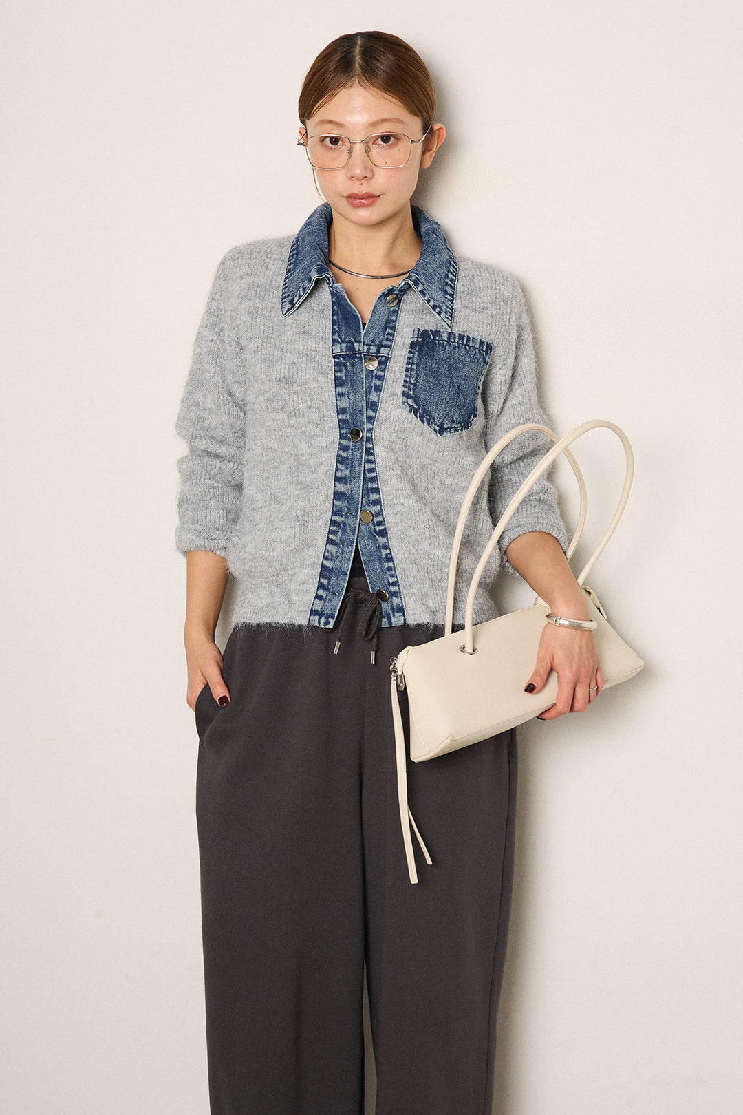 [SET]襟付きデニム切替ニットカーディガン+裏起毛スウェットワイドパンツ(2set)