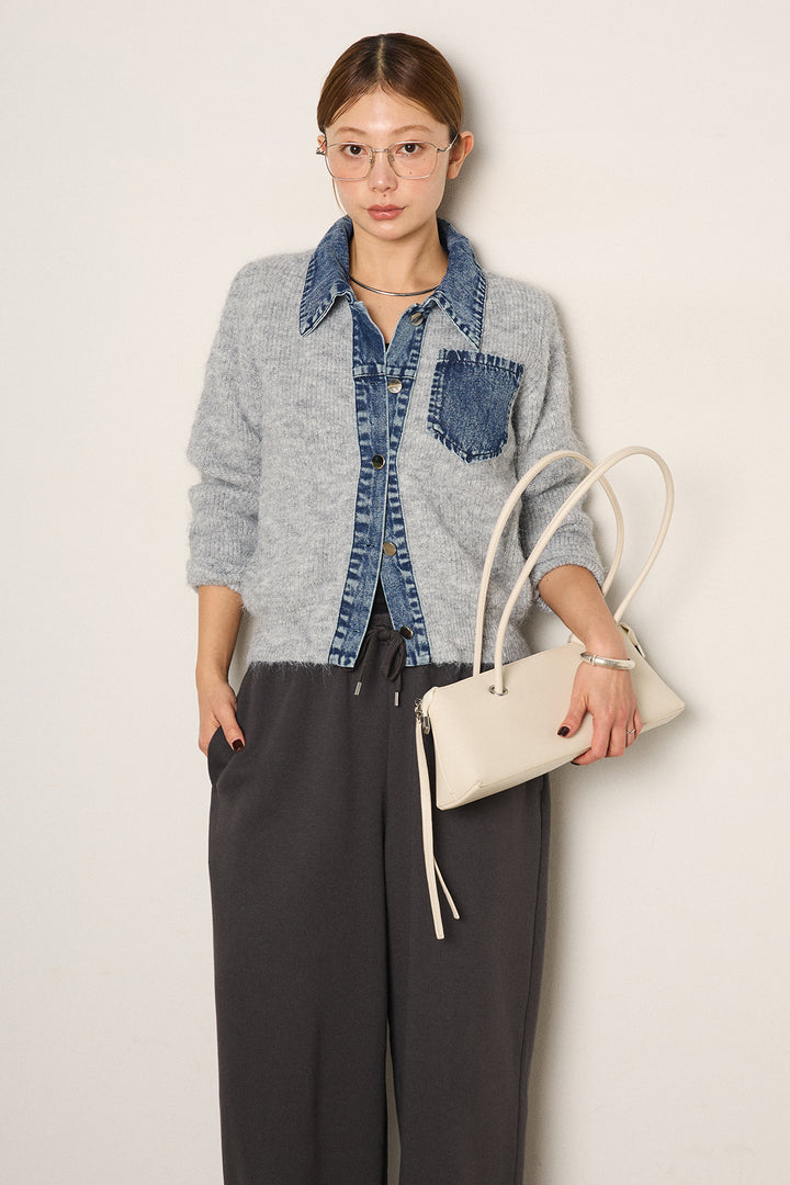 [SET]襟付きデニム切替ニットカーディガン+裏起毛スウェットワイドパンツ(2set)