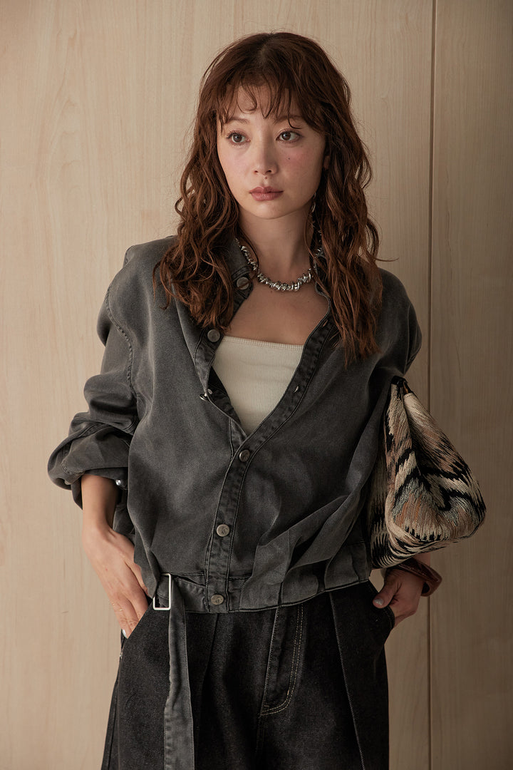 [SET]裾ベルトデニムシャツ+デニムタックワイドパンツ(2set)
