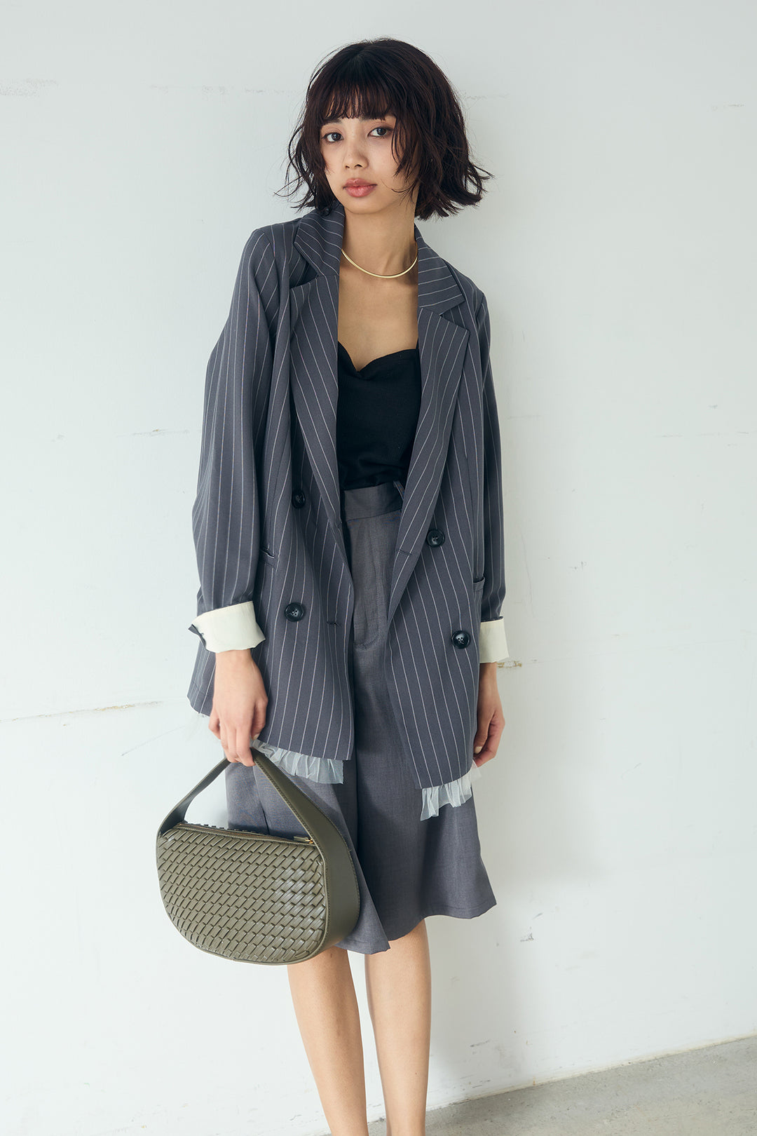 [SET]裾フリルダブルジャケット+ツイルタックハーフパンツ(2set)