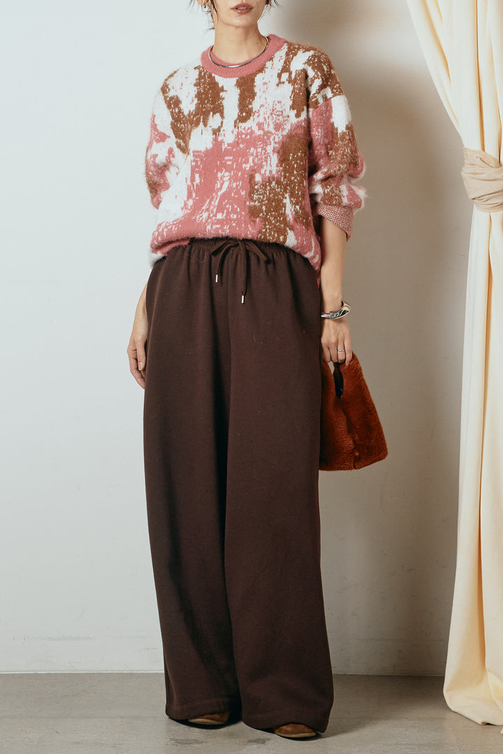 [SET]起毛ニュアンス柄ニットプルオーバー+裏起毛スウェットワイドパンツ(2set)