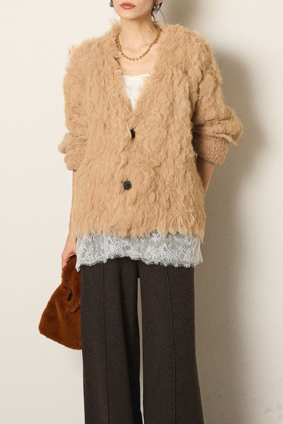 [SET]起毛シャギーニットカーディガン+レース切り替えキャミソール(2set)