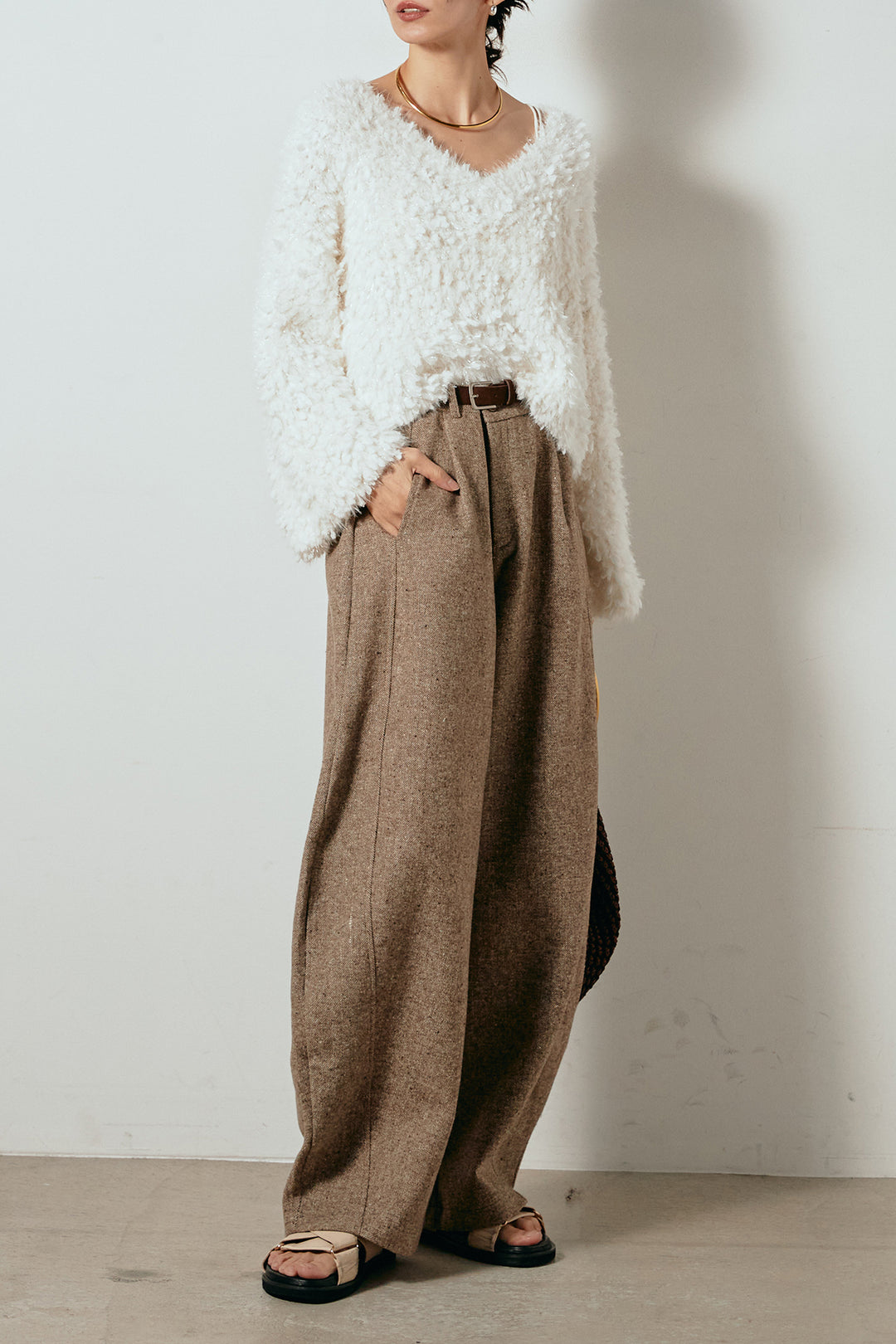 [SET]深Vネックチョウチョヤーンニットトップス+ベルト付きネップツイードカーブパンツ(2set)