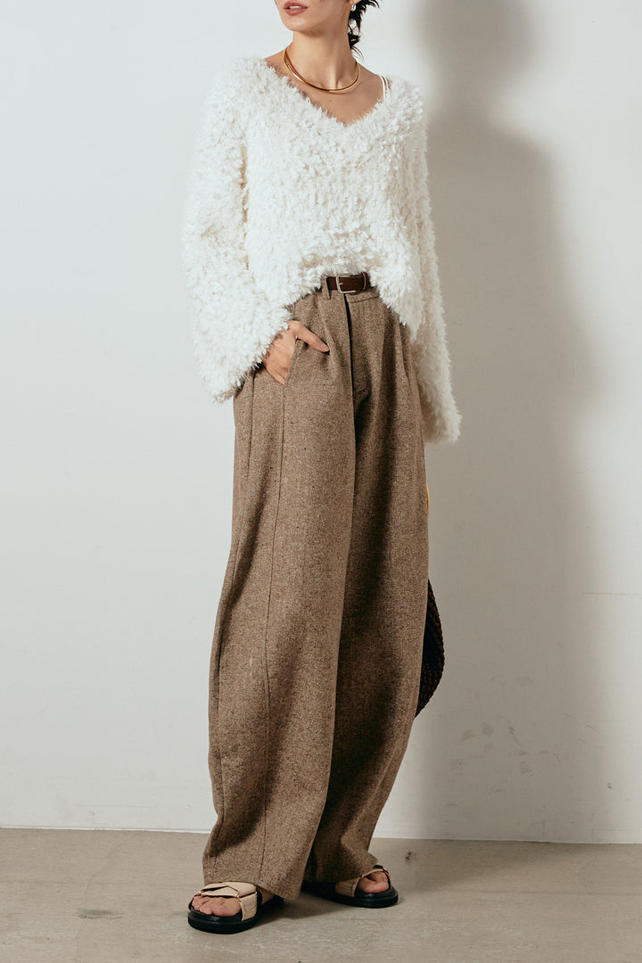 [SET]深Vネックチョウチョヤーンニットトップス+ベルト付きネップツイードカーブパンツ(2set)