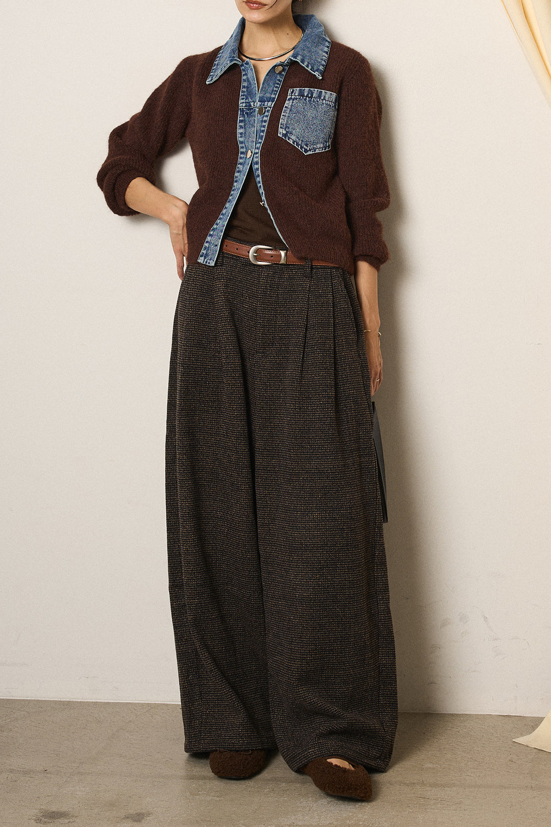 [SET]襟付きデニム切替ニットカーディガン+起毛タック入りツイードワイドパンツ(2set)