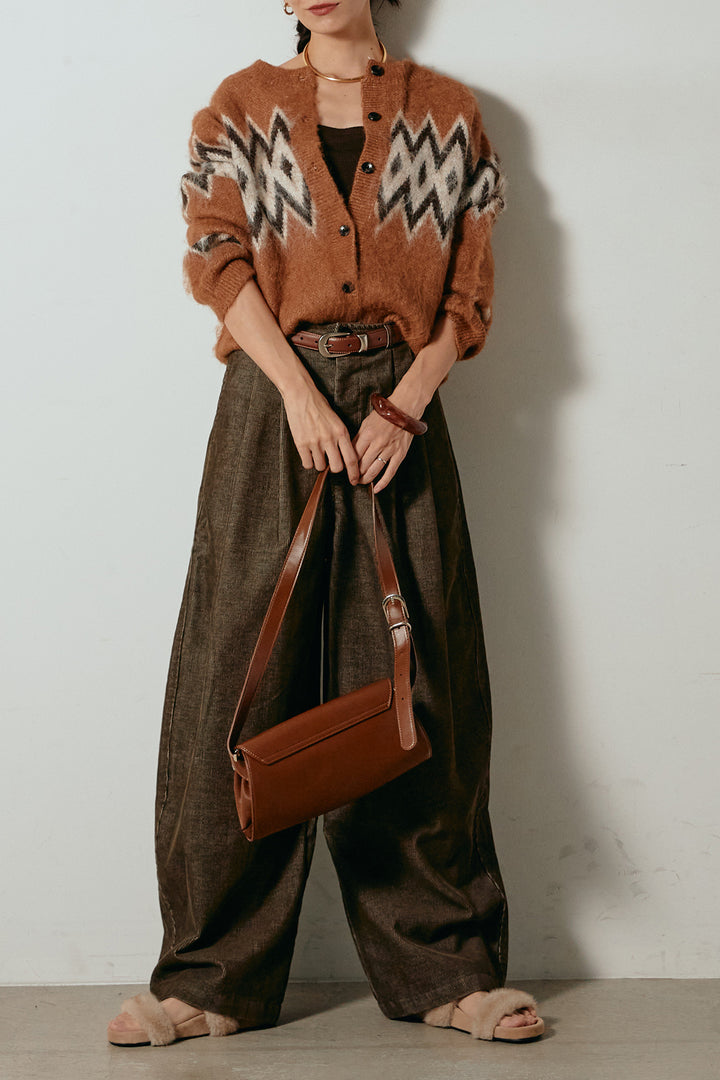 [SET]起毛ノルディック柄ニットカーディガン+フロントタック入りコーデュロイパンツ(2set)