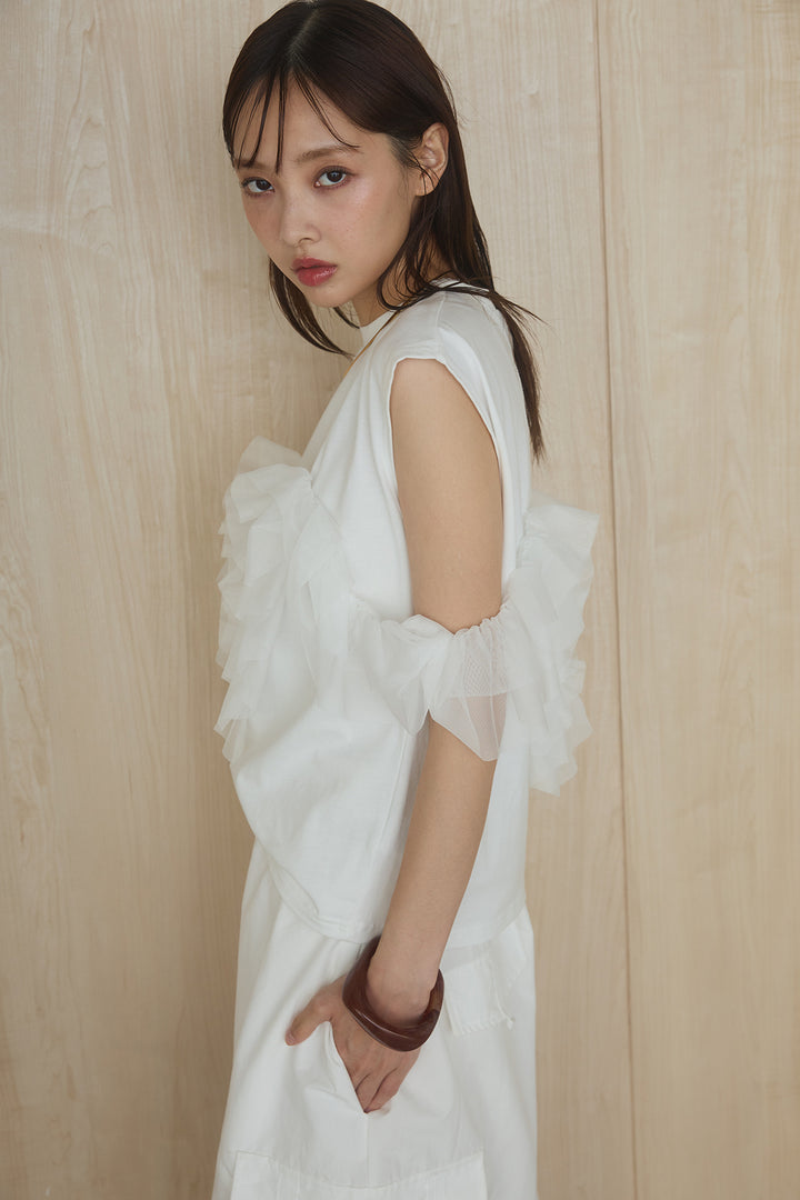 [SET]チュールフリルフレンチTシャツ+ルーズカーゴワイドパンツ(2set)