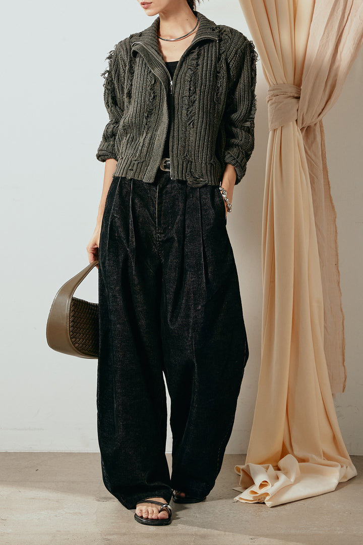 [SET]ハイネックフリンジジップニットトップス+フロントタック入りコーデュロイパンツ(2set)