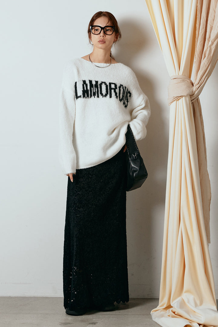 [SET]フロントロゴデザインニットトップス+花柄刺繍ベロアフレアスカート(2set)