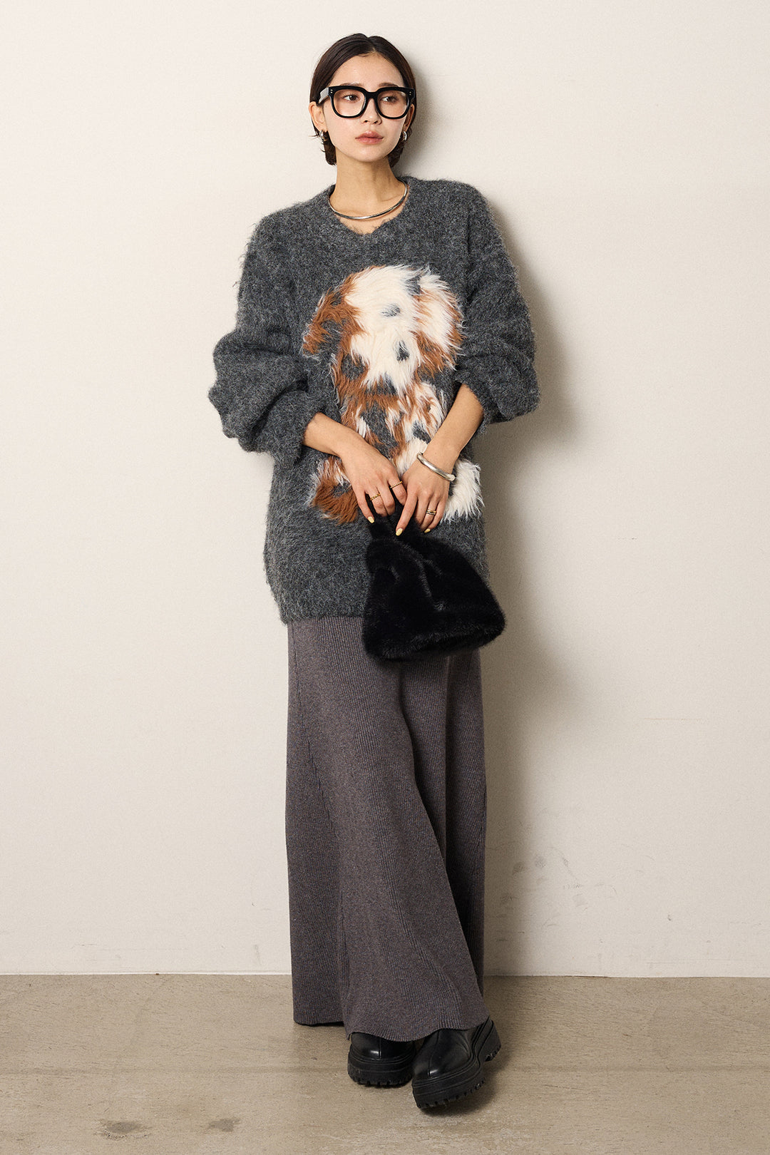 [SET]シャギーニュアンスアニマルニット+リブナローニットスカート(2set)