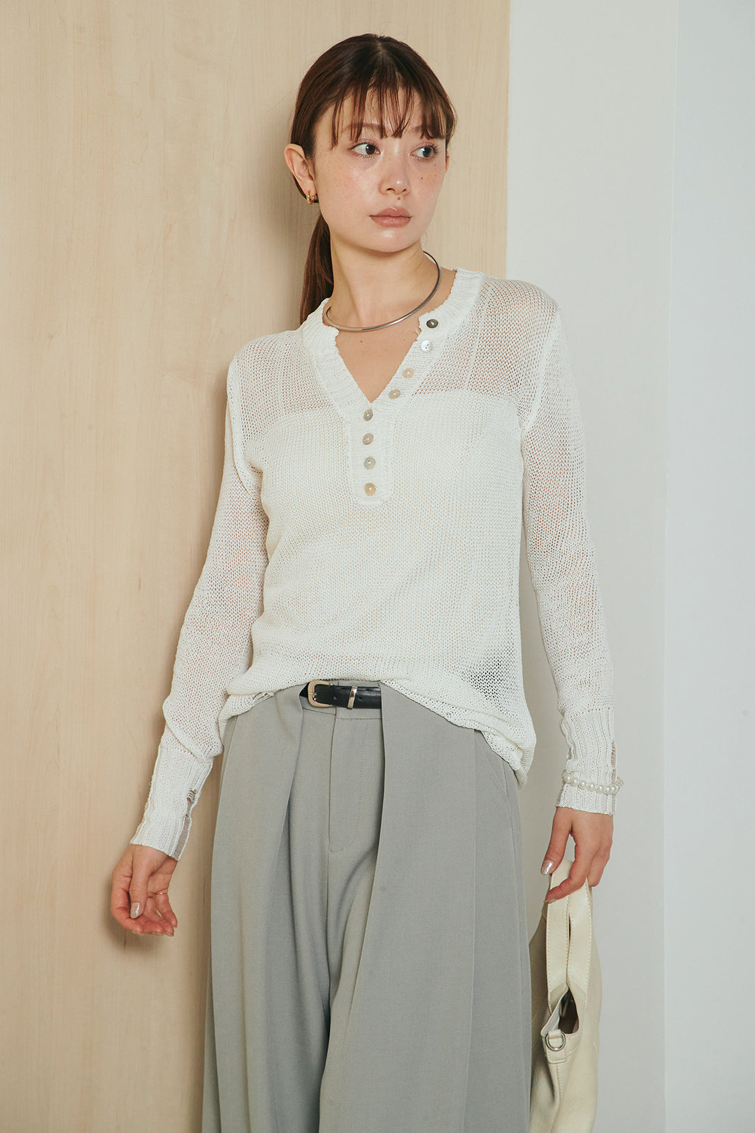 [SET]ヘンリーネックダメージニットプルオーバー+ビックベルトループタックベルト付きワイドパンツ(2set)