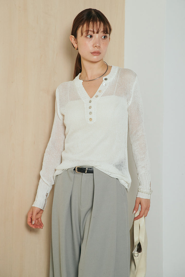 [SET]ヘンリーネックダメージニットプルオーバー+ビックベルトループタックベルト付きワイドパンツ(2set)