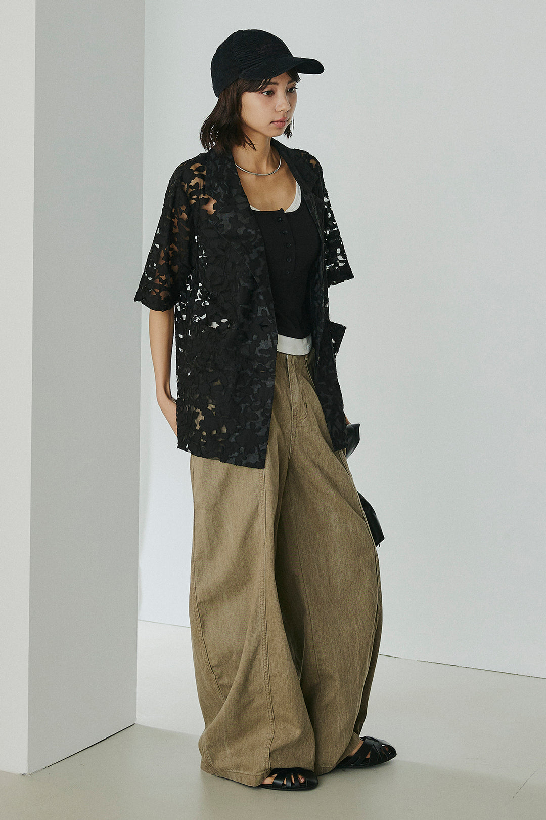 [SET]シアージャガードハーフスリーブテーラードジャケット+配色ヘンリーネックタンクトップ(2set)